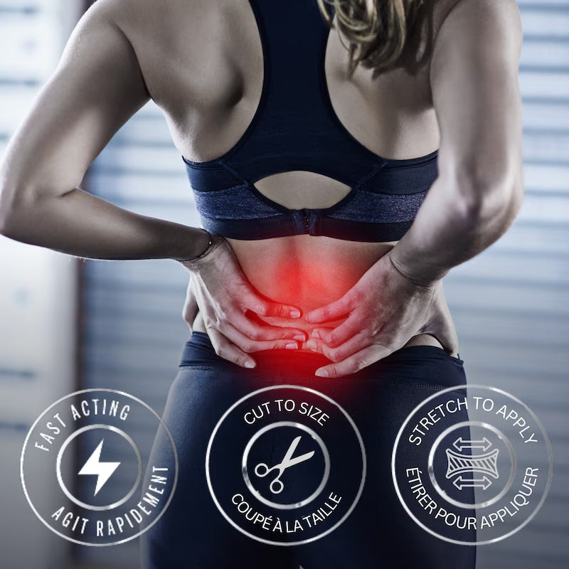 Woman holding her stomach with a red highlight, indicating pain, with product features displayed. -Okotoks HC Pharmacy