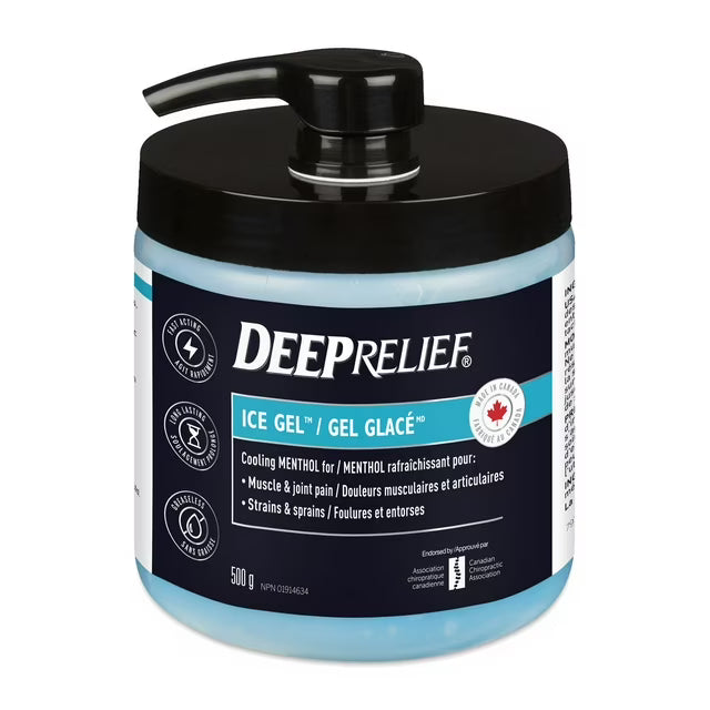 Deep Relief ice gel container with black lid on a white background - okotoks hc pharmacy