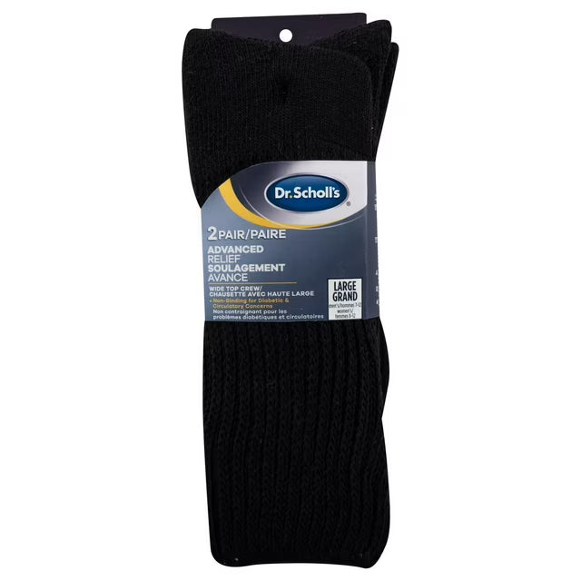 Two black Dr. Scholl's socks on a white background with packaging. - okotoks hc pharmacy