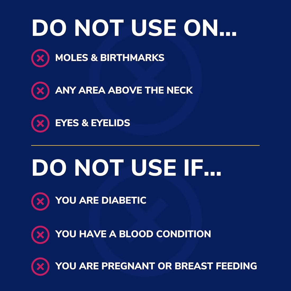 Instructions on a blue background about where not to use a product and under what conditions. - okotoks hc pharmacy