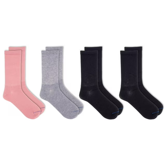 Set of four pairs of socks in pink, gray, and black on a white background - okotoks hc pharmacy