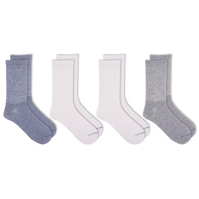 Set of four pairs of socks in gray, white, and blue on a white background - okotoks hc pharmacy