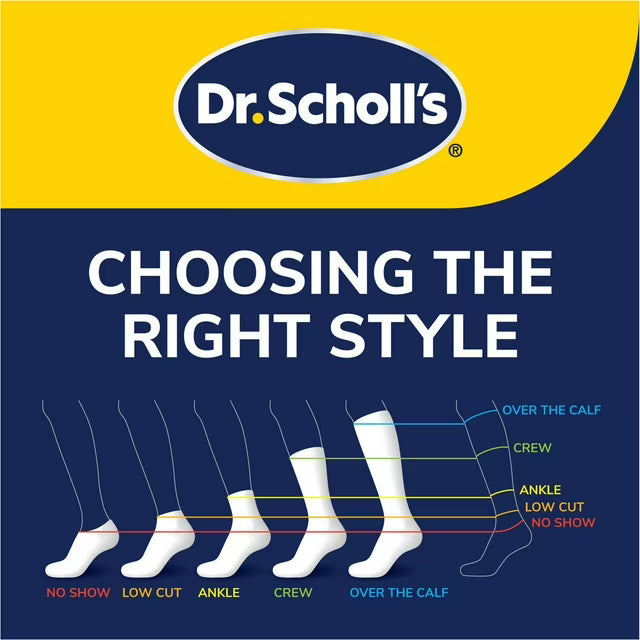 Dr. Scholl's sock size chart with different styles on a blue and yellow background - okotoks hc pharmacy