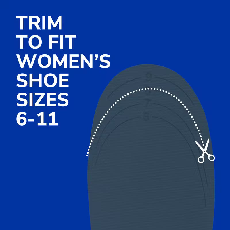 Instructional graphic showing a insole with a cut line and scissors on a blue background, indicating how to trim for women's shoe sizes 6-11. - okotoks hc pharmacy