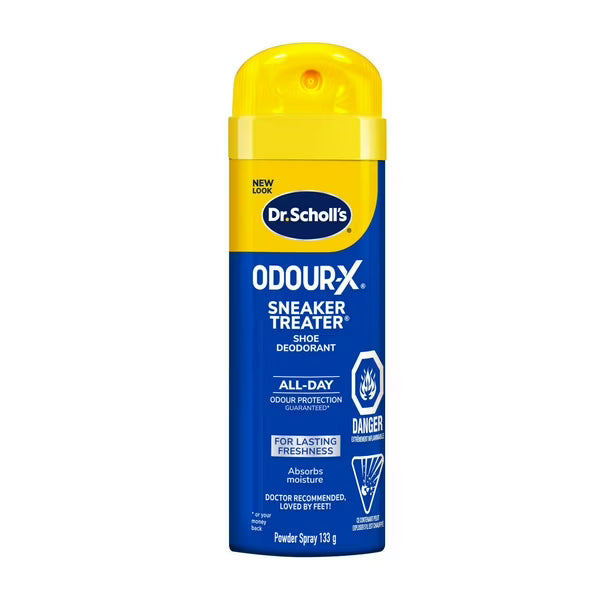 Dr. Scholl's OdourX Sneaker Treater shoe deodorant spray canister, featuring a bright yellow cap and a blue and yellow label, isolated on a white background. - okotoks hc pharmacy