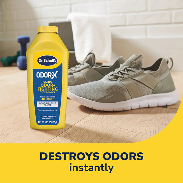 Dr. Scholl's Odor-X foot powder bottle next to a pair of shoes on a wooden floor. - okotoks hc pharmacy