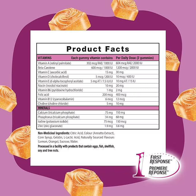 Product facts label for gummy vitamins with a purple border and gummy vitamin images. - okotoks hc pharmacy