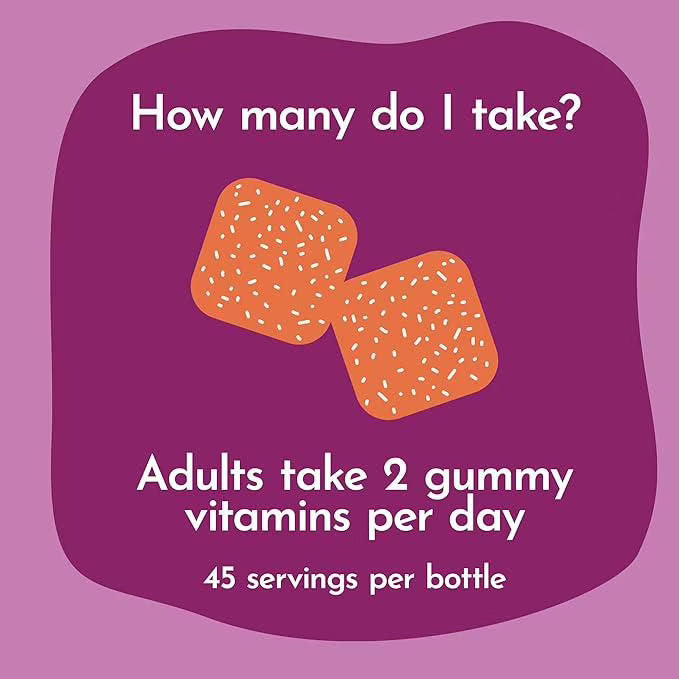 Gummy vitamins with text on a purple background - okotoks hc pharmacy