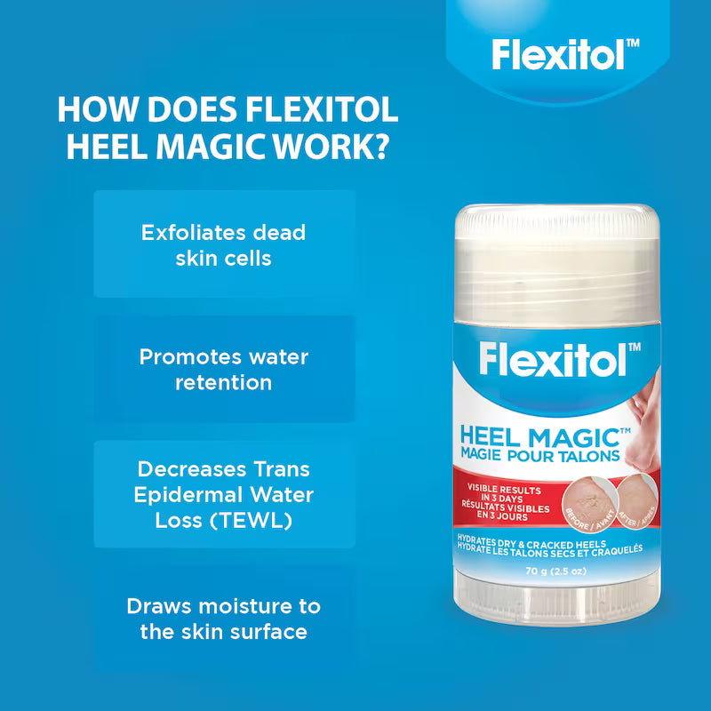 Flexitol Heel Magic heel care stick shown on a bright blue promotional graphic with French text explaining how the product works. - okotoks hc pharmacy