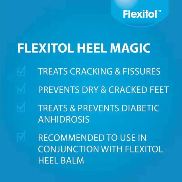 Blue promotional graphic for Flexitol Heel Magic with white text listing benefits such as treating cracking and fissures, preventing dry and cracked feet, treating diabetic anhidrosis, and recommending use in conjunction with Flexitol Heel Balm. - okotoks hc pharmacy