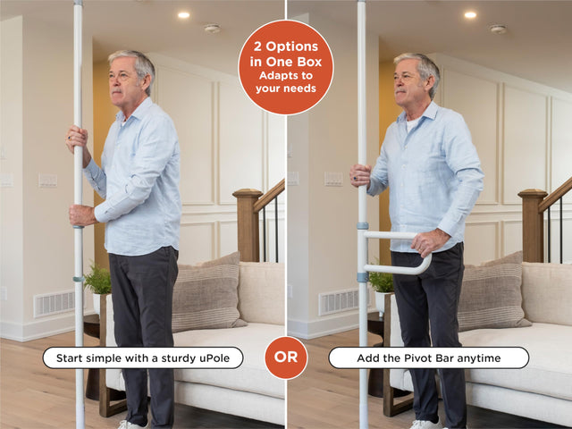 Man using a walking aid with text indicating two options for adaptability. - okotoks hc pharmacy