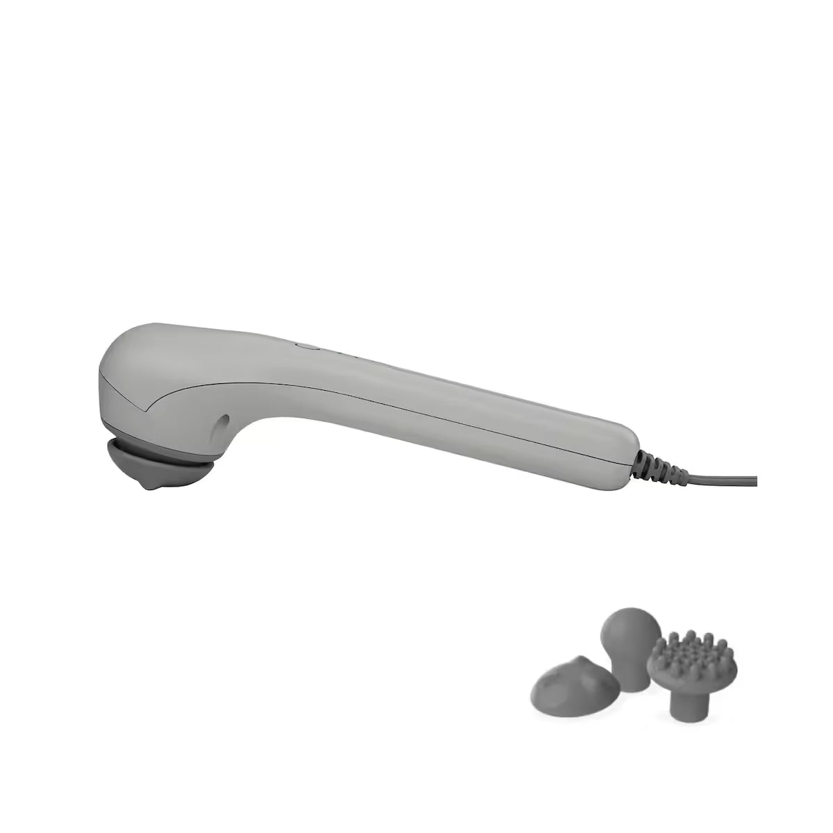 Gray handheld massager with attachments on a white background - okotoks hc pharmacy