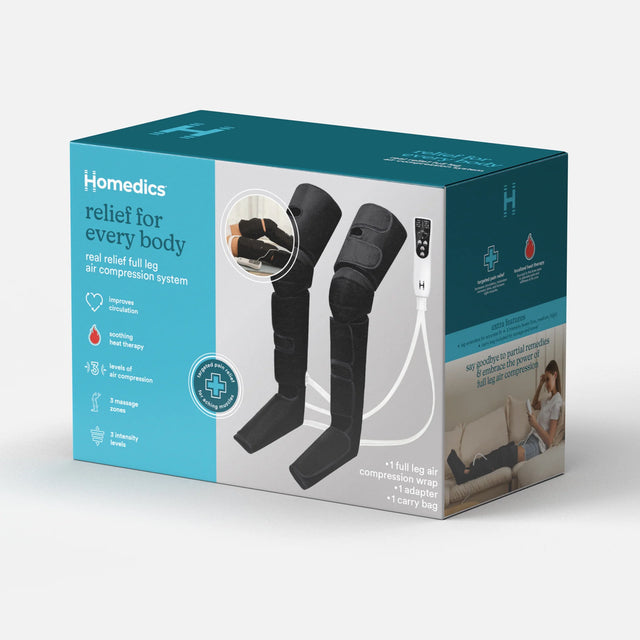 Homedics full leg air compression system retail box, featuring a teal and white design with product illustrations of the two compression sleeves and a small lifestyle inset on the lower right. - okotoks hc pharmacy