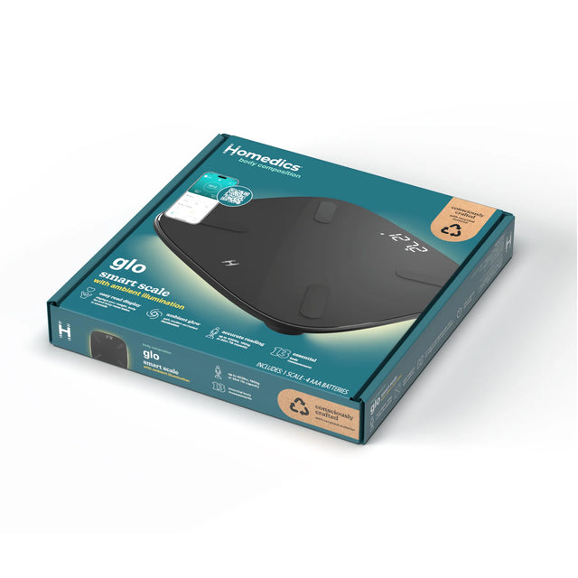 Homedics Glo Smart Scale retail packaging box, showing a black smart scale on a teal background with product details and a small orange recycling icon. - okotoks hc pharmacy