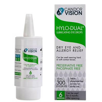 Candor Vision Hylo-Dual eye drop bottle and packaging on a white background - okotoks hc pharmacy