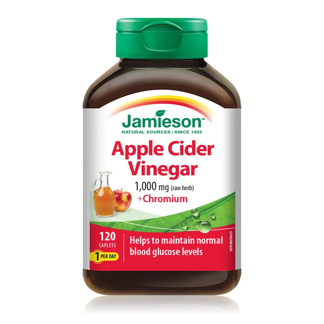 A bottle of Jamieson Apple Cider Vinegar with Chromium, 1,000 mg, containing 120 caplets. The product is in a dark brown bottle with a green flip-top cap and a white label featuring red and green text and graphics. - okotoks hc pharmacy