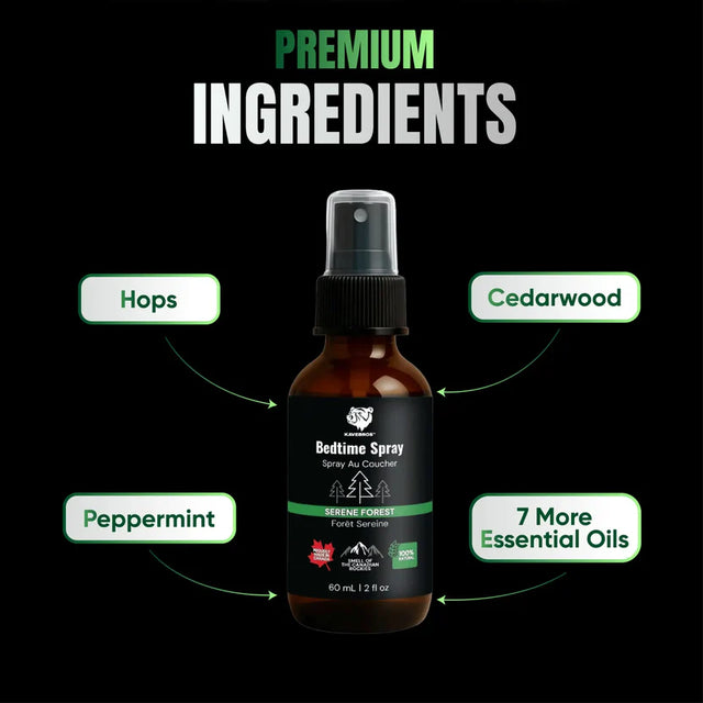Bedtime spray bottle with labeled ingredients on a black background - okotoks hc pharmacy