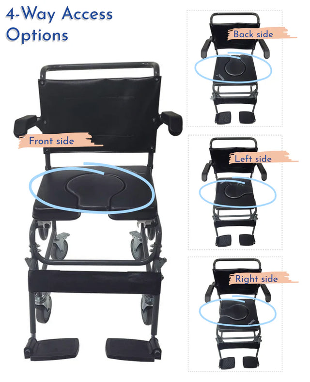 Black wheelchair with labeled 4-way access options on a white background - okotoks hc pharmacy