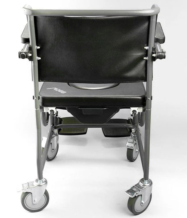 Black and silver commode chair on a white background - okotoks hc pharmacy