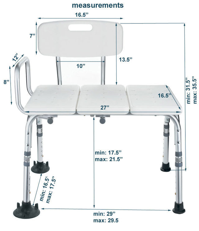 Measurement chart of an adjustable bath seat with dimensions labeled. - okotoks hc pharmacy