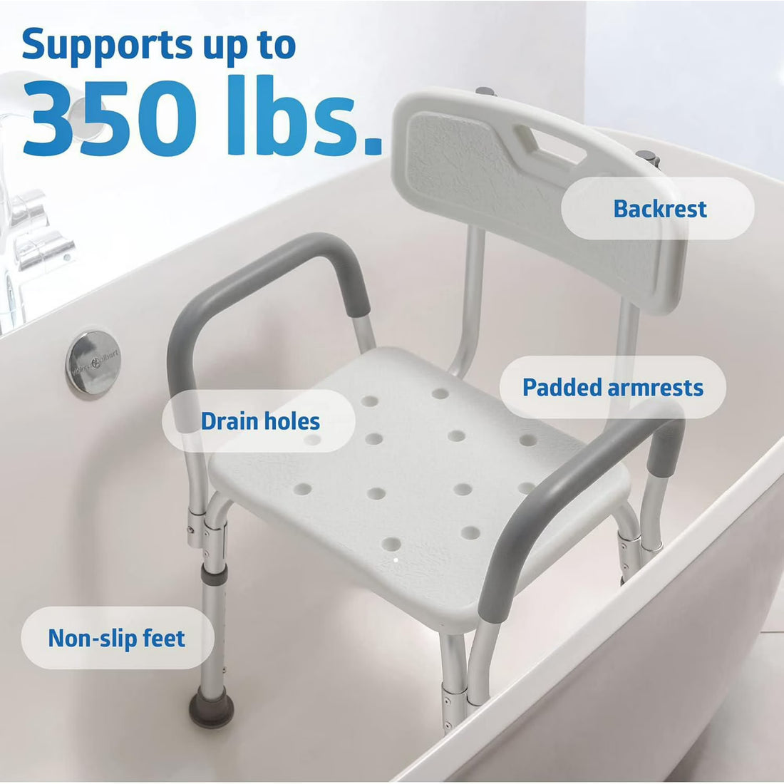 Bath support seat with features highlighted on a white background - okotoks hc pharmacy