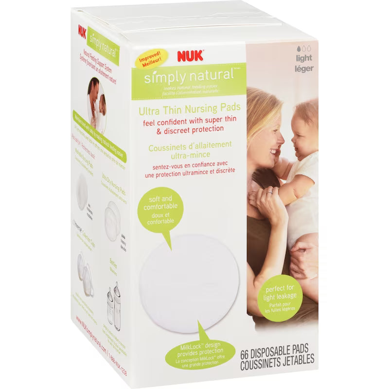 NUK Simply Natural ultra thin nursing pads packaging with a mother and child illustration on a white background. - okotoks hc pharmacy