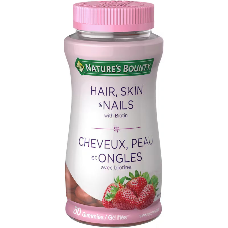 Nature's Bounty hair, skin, and nails supplement bottle with pink cap on a white background - okotoks hc pharmacy