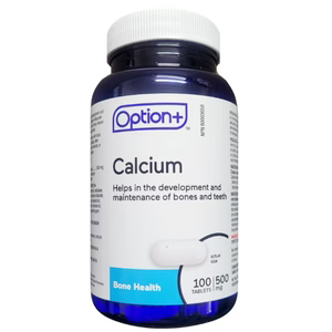 Bottle of Option+ Calcium supplement on a white background - okotoks hc pharmacy