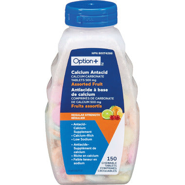 Bottle of Option+ Calcium Antacid Tablets with assorted fruit flavor on a white background - okotoks hc pharmacy