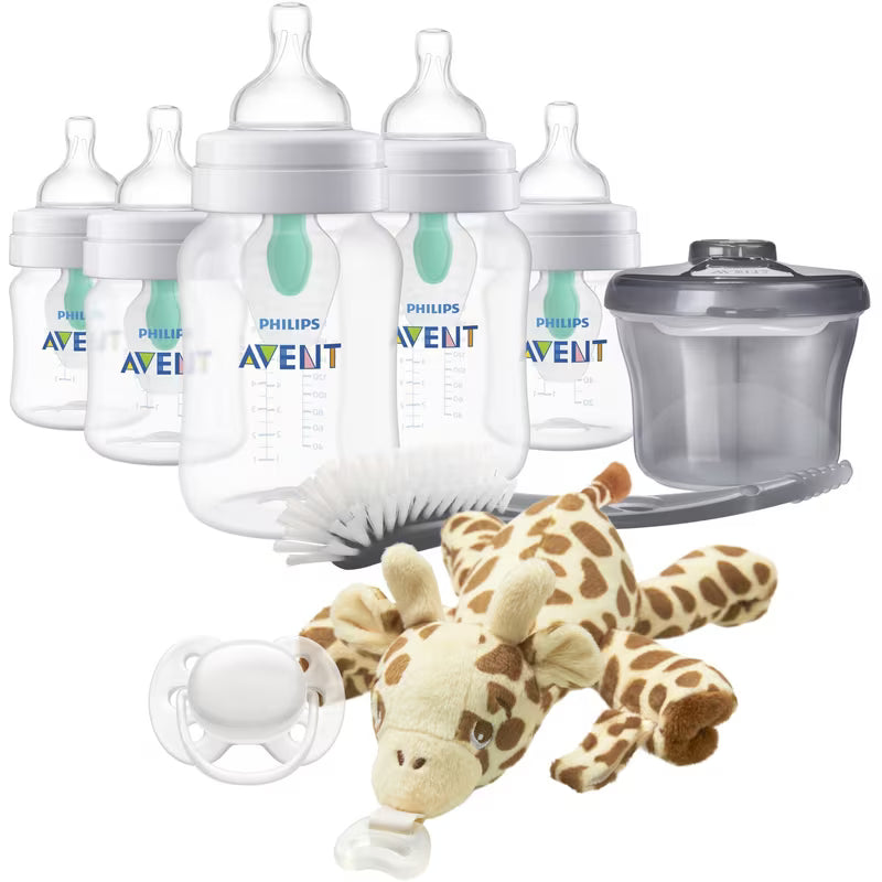 Philips Avent baby bottles, pacifier, and plush giraffe on a white background - okotoks hc pharmacy