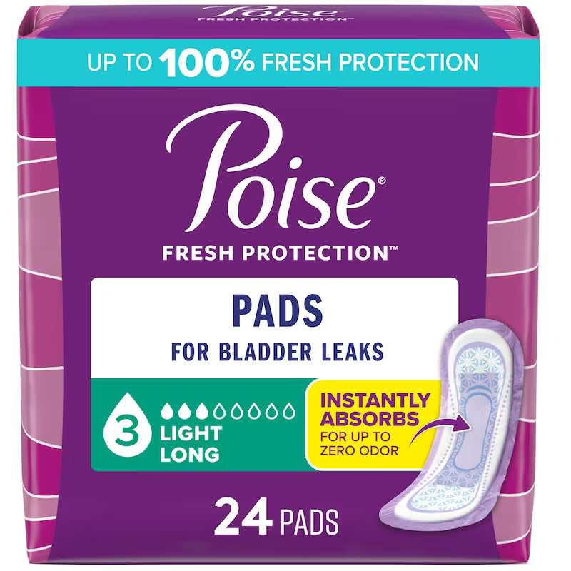 Poise Incontinence Pads - 3 Light Absorbency, Long, 24 Pack - okotoks hc pharmacy