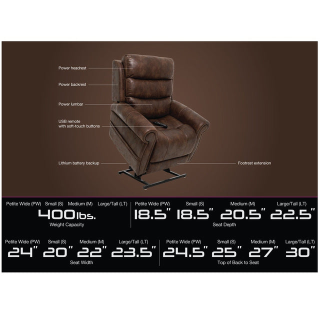 Brown recliner chair with feature diagram on a white background - okotoks hc pharmacy