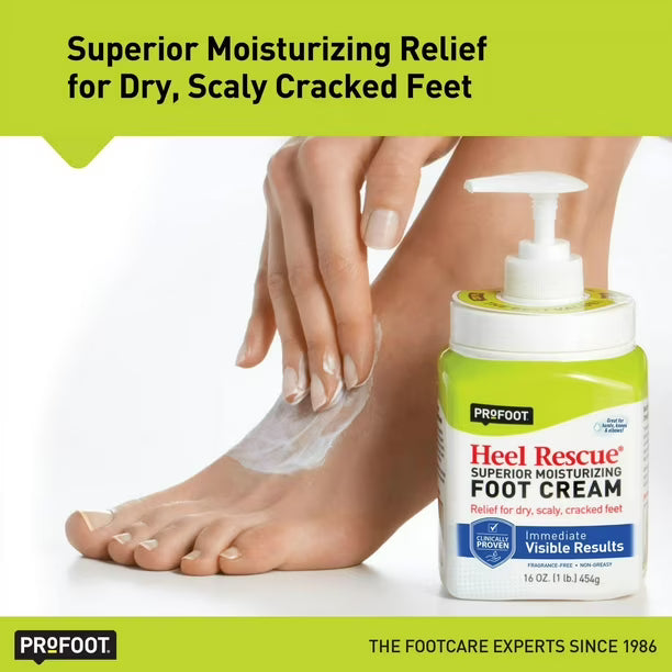 Profoot Heel Rescue foot cream being applied to a foot with text about moisturizing relief for dry, scaly cracked feet. - okotoks hc pharmacy