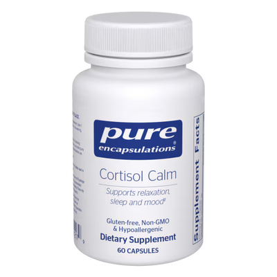 White supplement bottle labeled 'pure encapsulations Cortisol Calm' on a white background - Okotoks HC Pharmacy