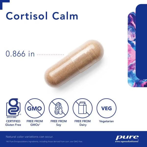 Cortisol Calm supplement capsule with certification logos on a white background - Okotoks HC Pharmacy