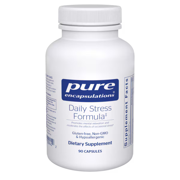 White bottle of pure encapsulations Daily Stress Formula dietary supplement on a white background - Okotoks HC Pharmacy