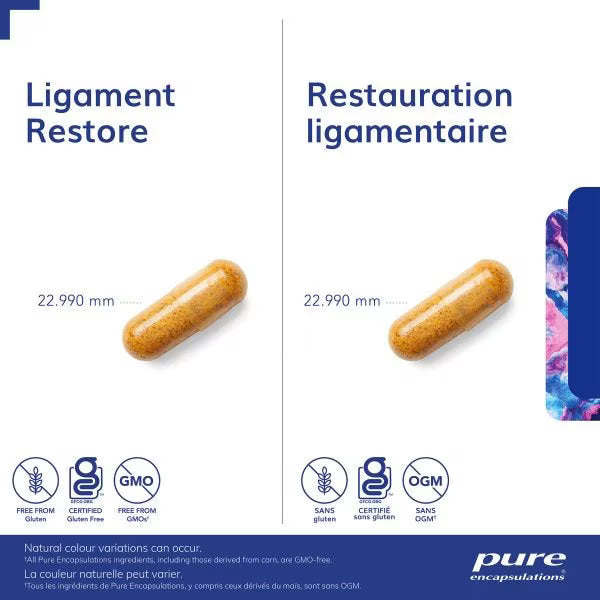 Two capsules with measurement details and certification logos on a white background, featuring the brand 'pure encapsulations'. - okotoks hc pharmacy