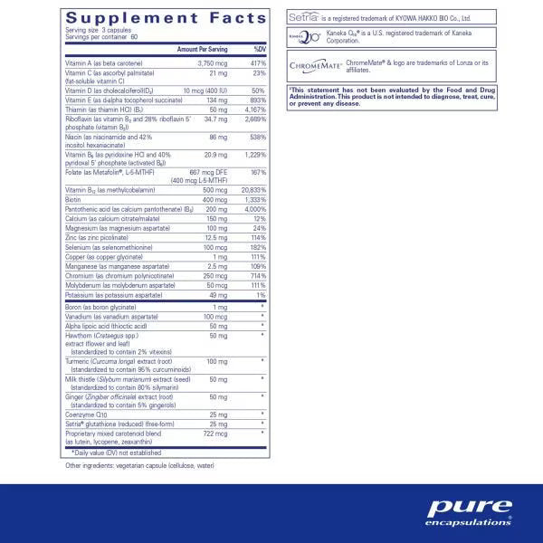 Supplement facts label from pure encapsulations with detailed nutritional information. - Okotoks HC Pharmacy