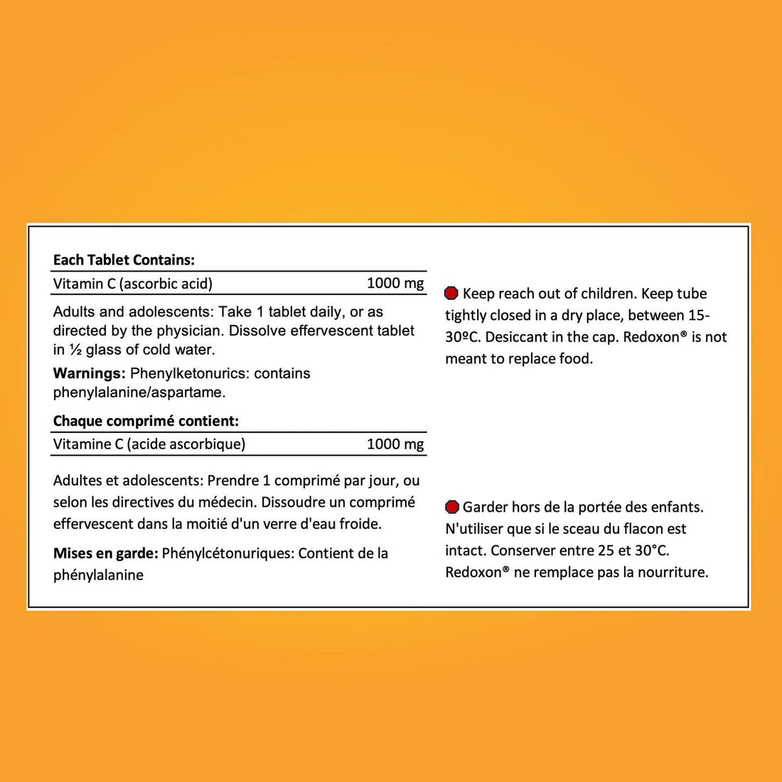 Vitamin C supplement label with directions and warnings on a yellow background - okotoks hc pharmacy