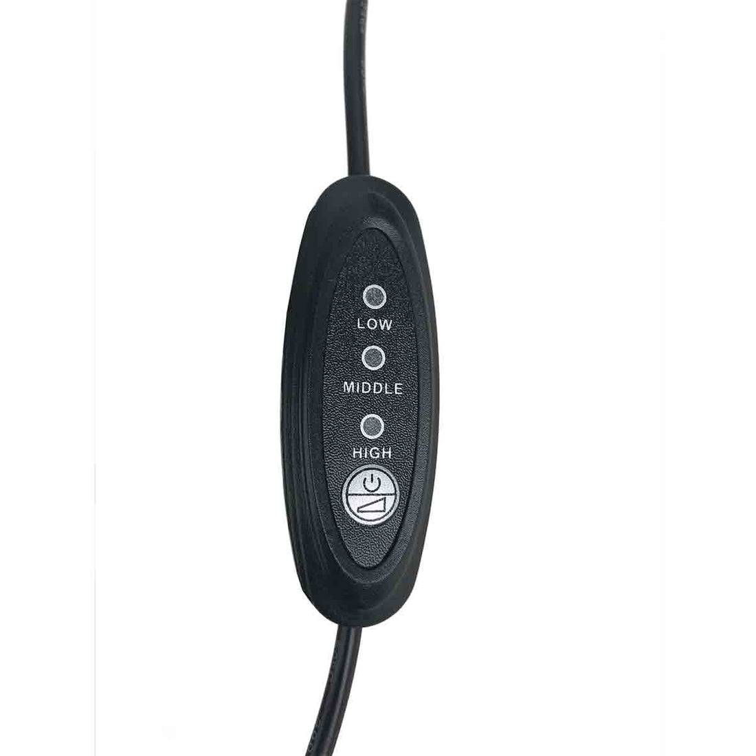 A black in-line control module with three labeled settings: LOW, MIDDLE, and HIGH, plus a power icon, attached to a black cable on a white background. - okotoks hc pharmacy