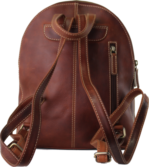 A brown leather backpack shown from the back, featuring a vertical stitched seam, a zippered pocket on the right side, and adjustable shoulder straps with metal buckles, isolated on a white background. - okotoks hc pharmacy