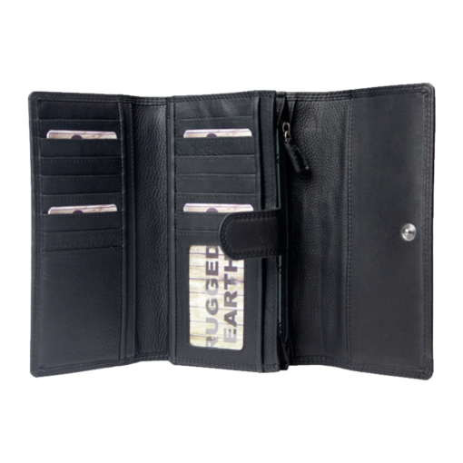 An open black leather wallet with multiple card slots, a zippered pocket, and a slip pocket containing a card labeled 'RUGGED EARTH', shown on a plain white background. - okotoks hc pharmacy