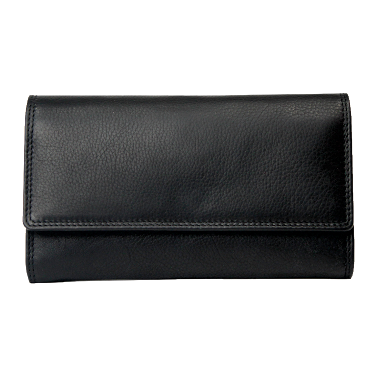A black pebbled leather wallet with a fold-over flap, shown from the front on a plain white background. - okotoks hc pharmacy