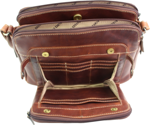 Brown leather bag with visible stitching and gold hardware on a white background - okotoks hc pharmacy