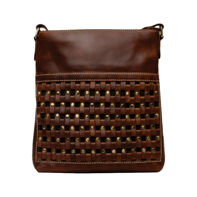 Brown leather crossbody bag with woven pattern and studs on a black background - okotoks hc pharmacy