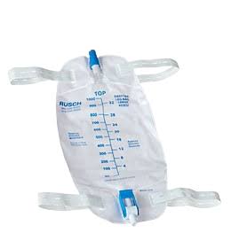 A white plastic urine collection bag with blue measurement markings and blue plastic connectors, shown on a plain white background. - okotoks hc pharmacy