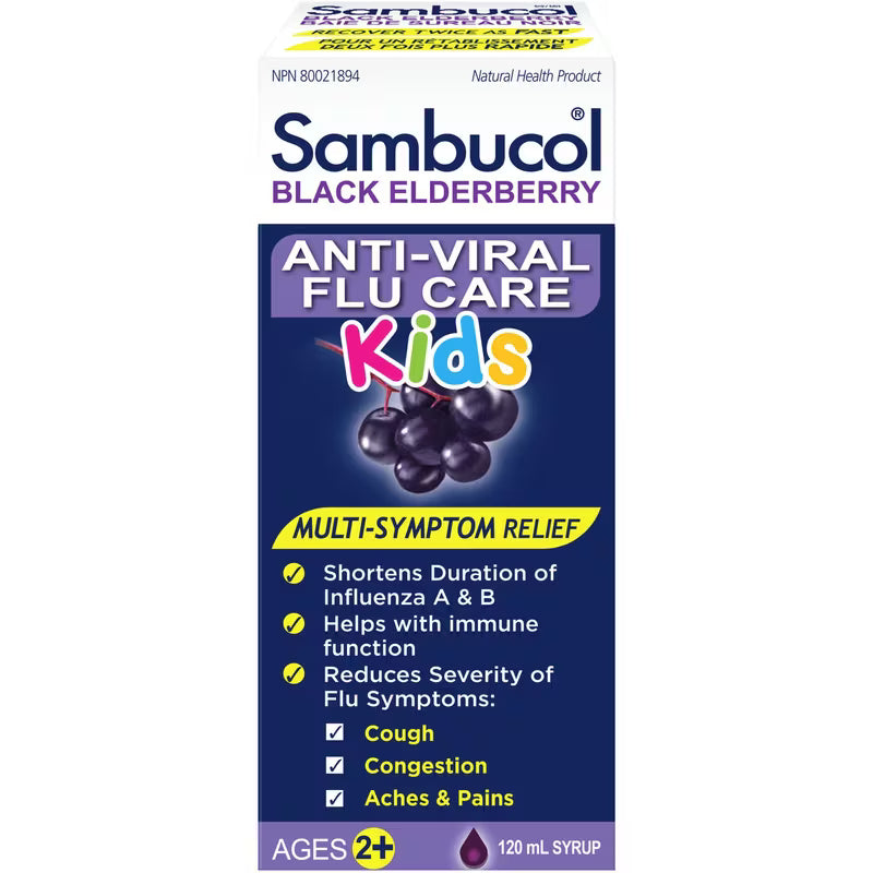 Sambucol Black Elderberry Anti-Viral Flu Care Kids syrup packaging on a white background - okotoks hc pharmacy