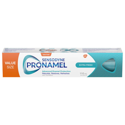 A box of Sensodyne Pronamel Extra Fresh dental pain relief tablets, 110 ml, shown on a plain white background. - okotoks hc pharmacy