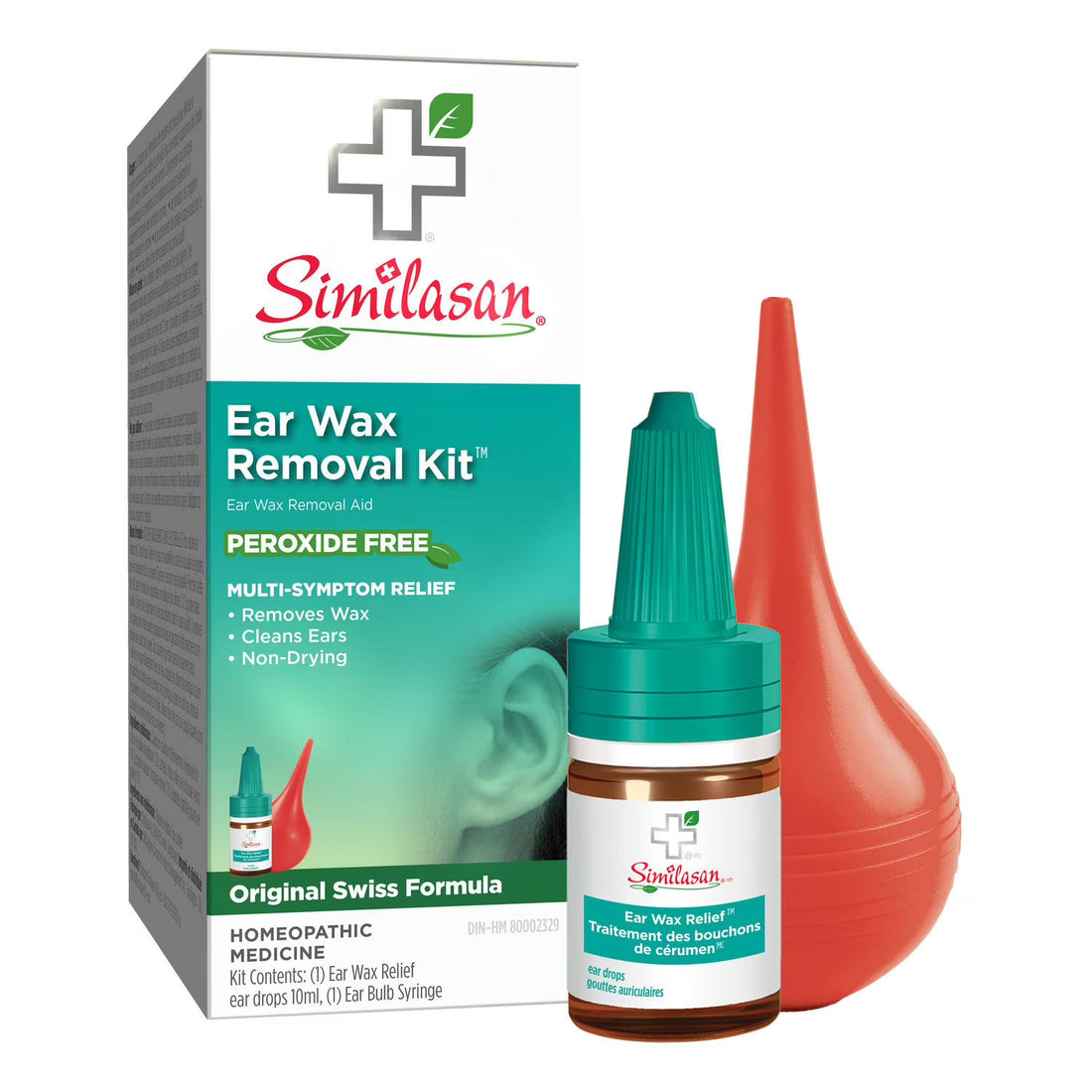 Similasan ear wax removal kit with packaging, bottle, and red tool on a white background - okotoks hc pharmacy