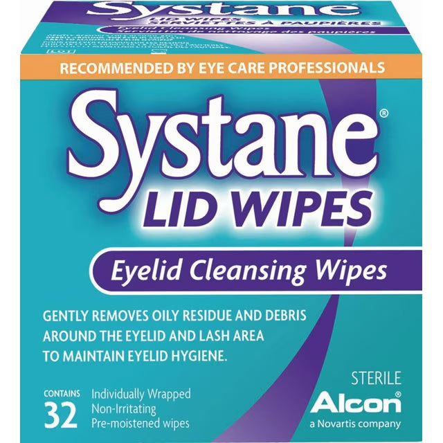 Box of Systane Lid Wipes for eyelid cleansing with Alcon branding. - okotoks hc pharmacy